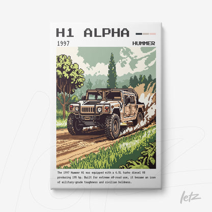 retro styled wall art of Hummer H1 in a green natural setting with trees in the background and the vehicle in motion