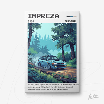 framed digital art of a Subaru Impreza WRX STI driving on a tree-lined road