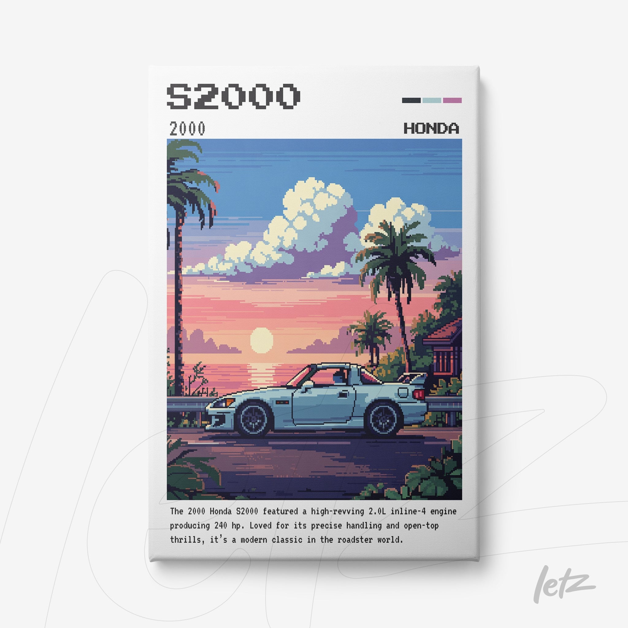 canvas art featuring pixelated illustration of Honda S2000 on a seaside road at sunset