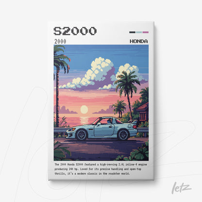 canvas art featuring pixelated illustration of Honda S2000 on a seaside road at sunset