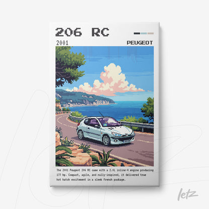 pixel art wall print of a Peugeot 206 RC on a coastal road with ocean view