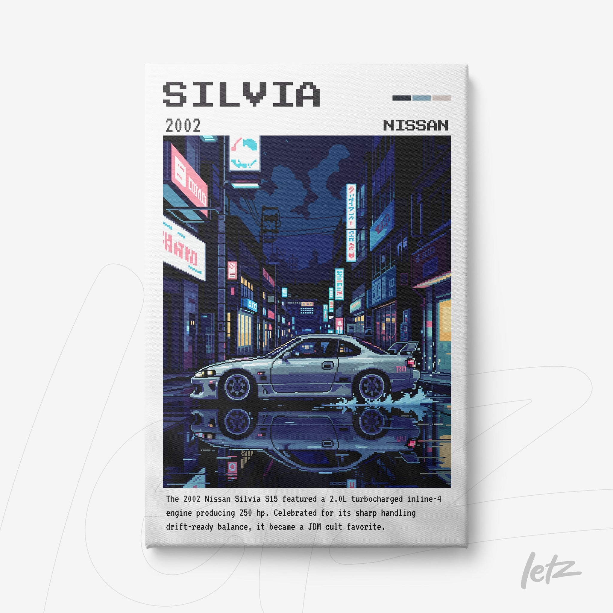 pixel art style wall art featuring a 2002 Nissan Silvia in a nighttime urban setting with illuminated storefronts and reflections on the pavement