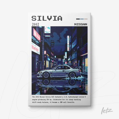 pixel art style wall art featuring a 2002 Nissan Silvia in a nighttime urban setting with illuminated storefronts and reflections on the pavement