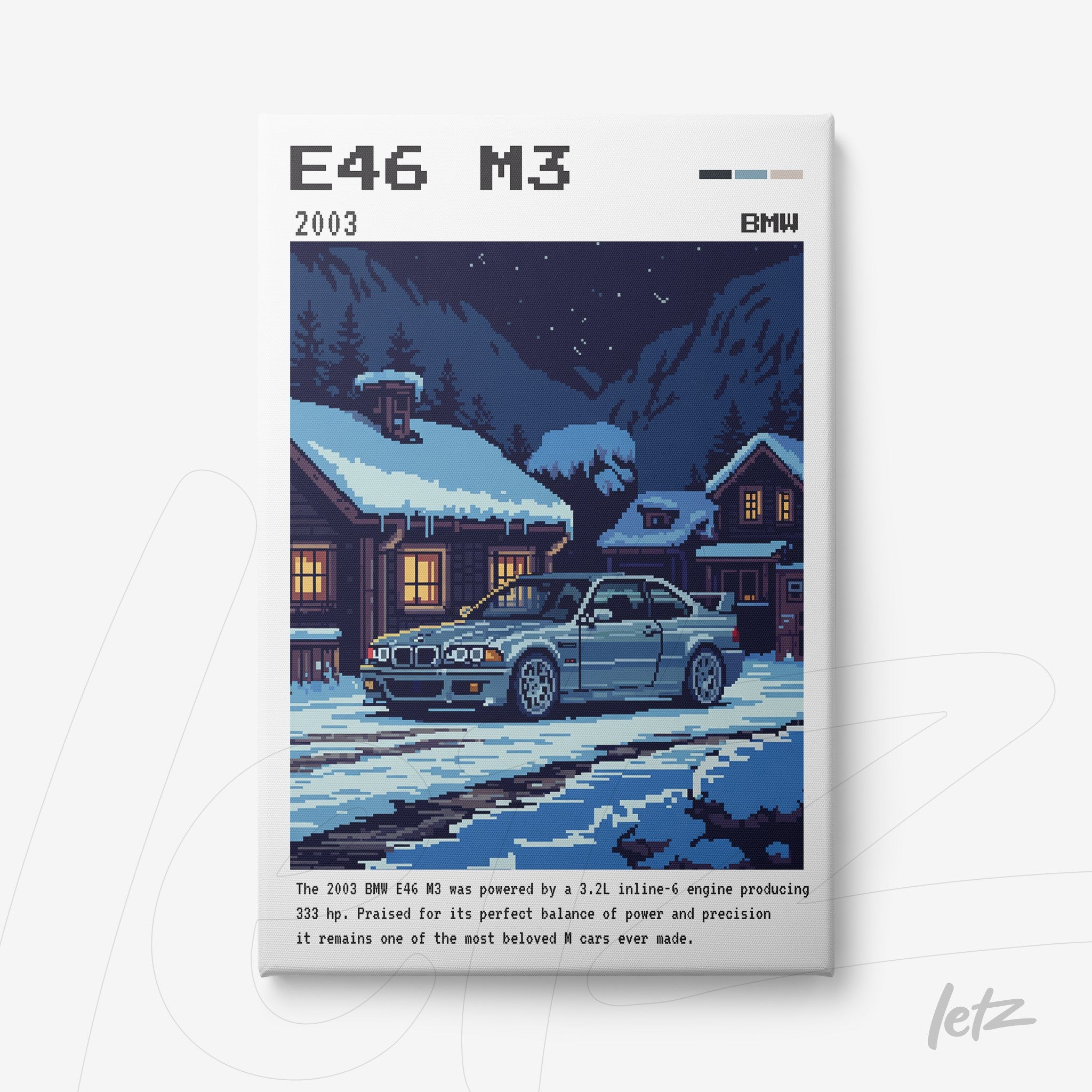 pixel art print of the BMW E46 M3 parked in a winter scene with wooden cabin and snow