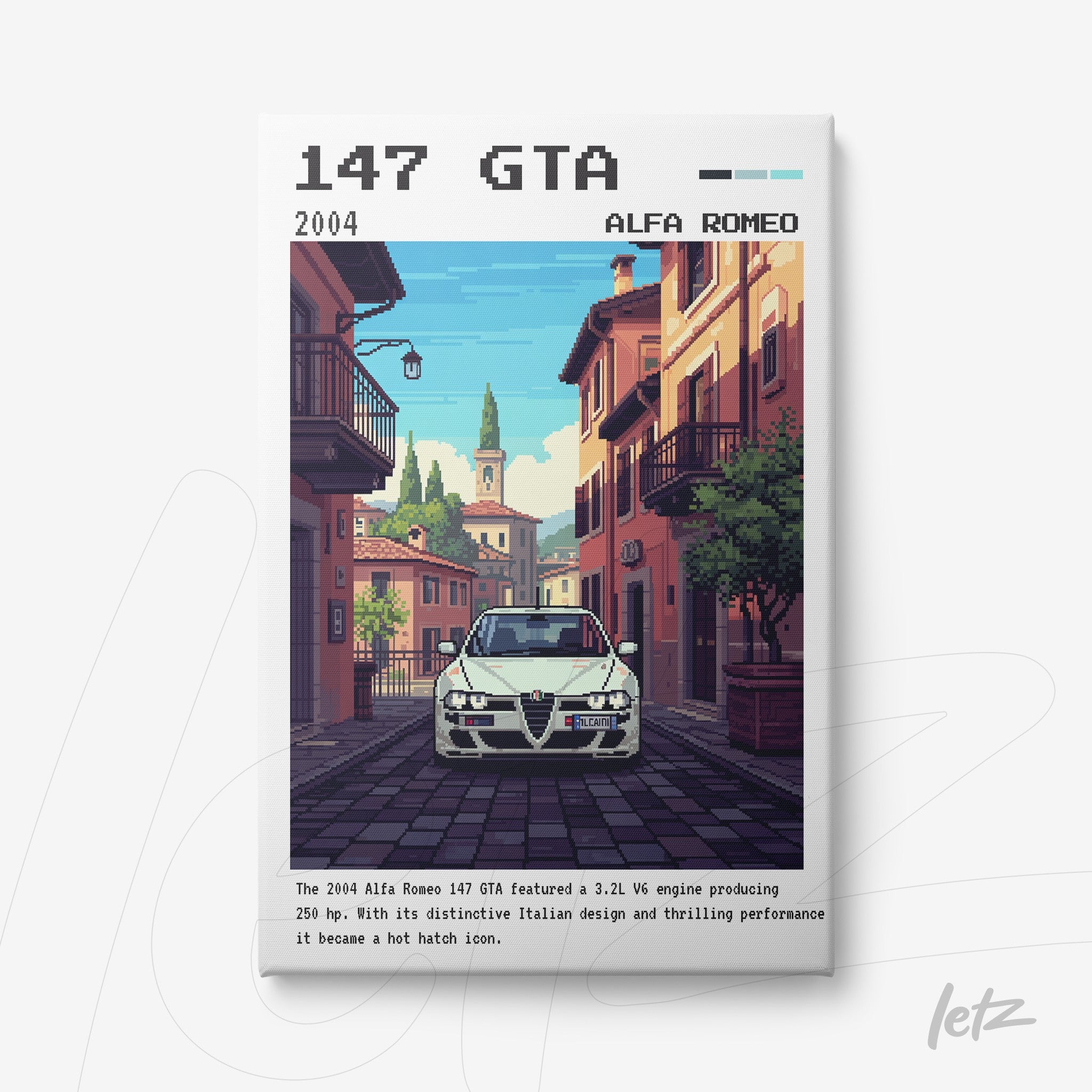 framed pixel art of the 147 GTA Alfa Romeo car displayed on a charming Italian street with colorful buildings in the background