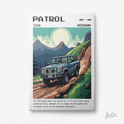 pixel art print of a 2006 Nissan Patrol driving on a mountain road