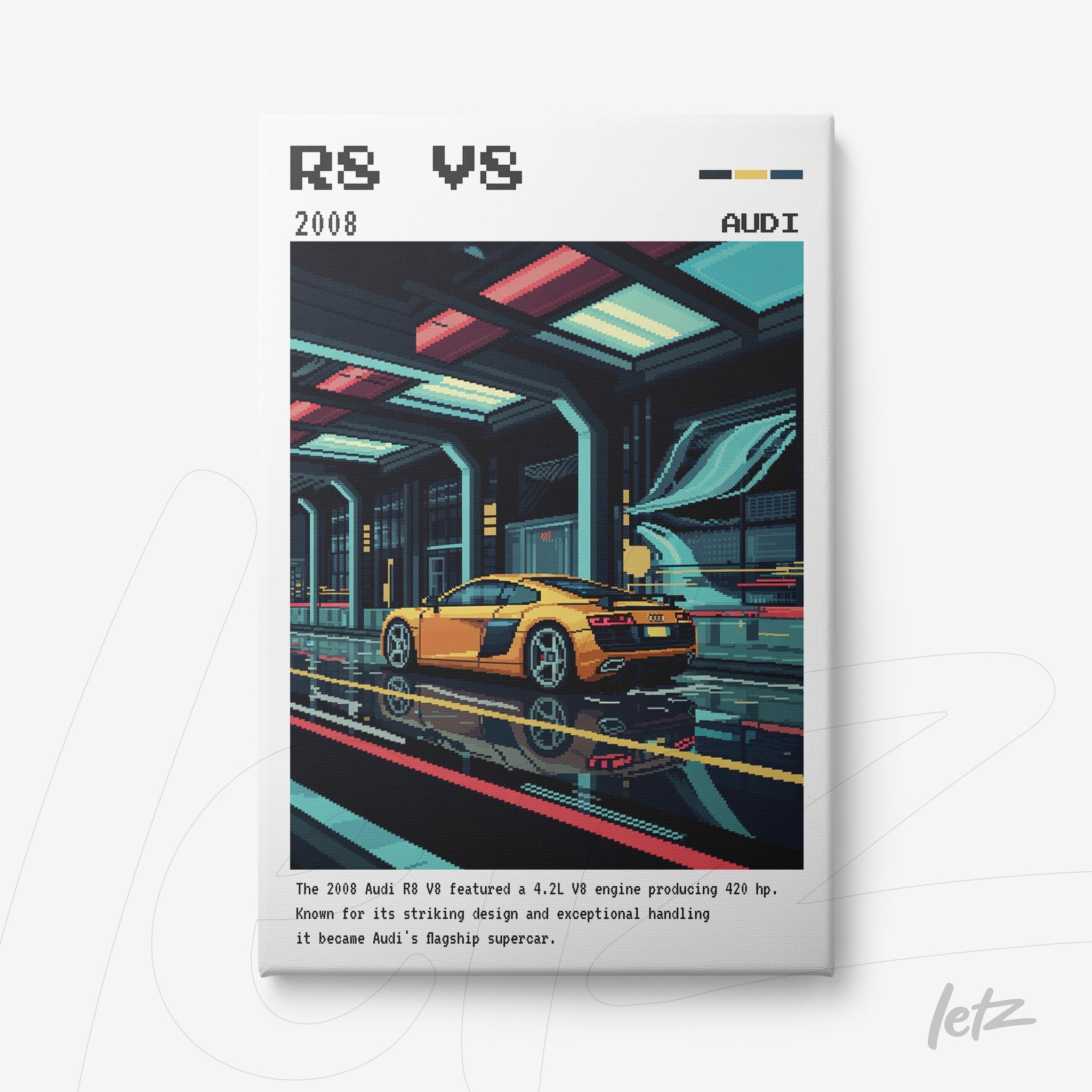 canvas print featuring pixel art of a yellow Audi R8 in a futuristic setting
