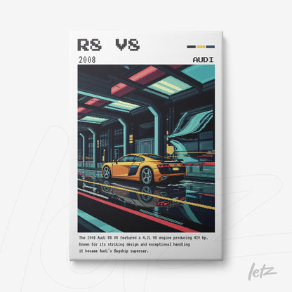 canvas print featuring pixel art of a yellow Audi R8 in a futuristic setting