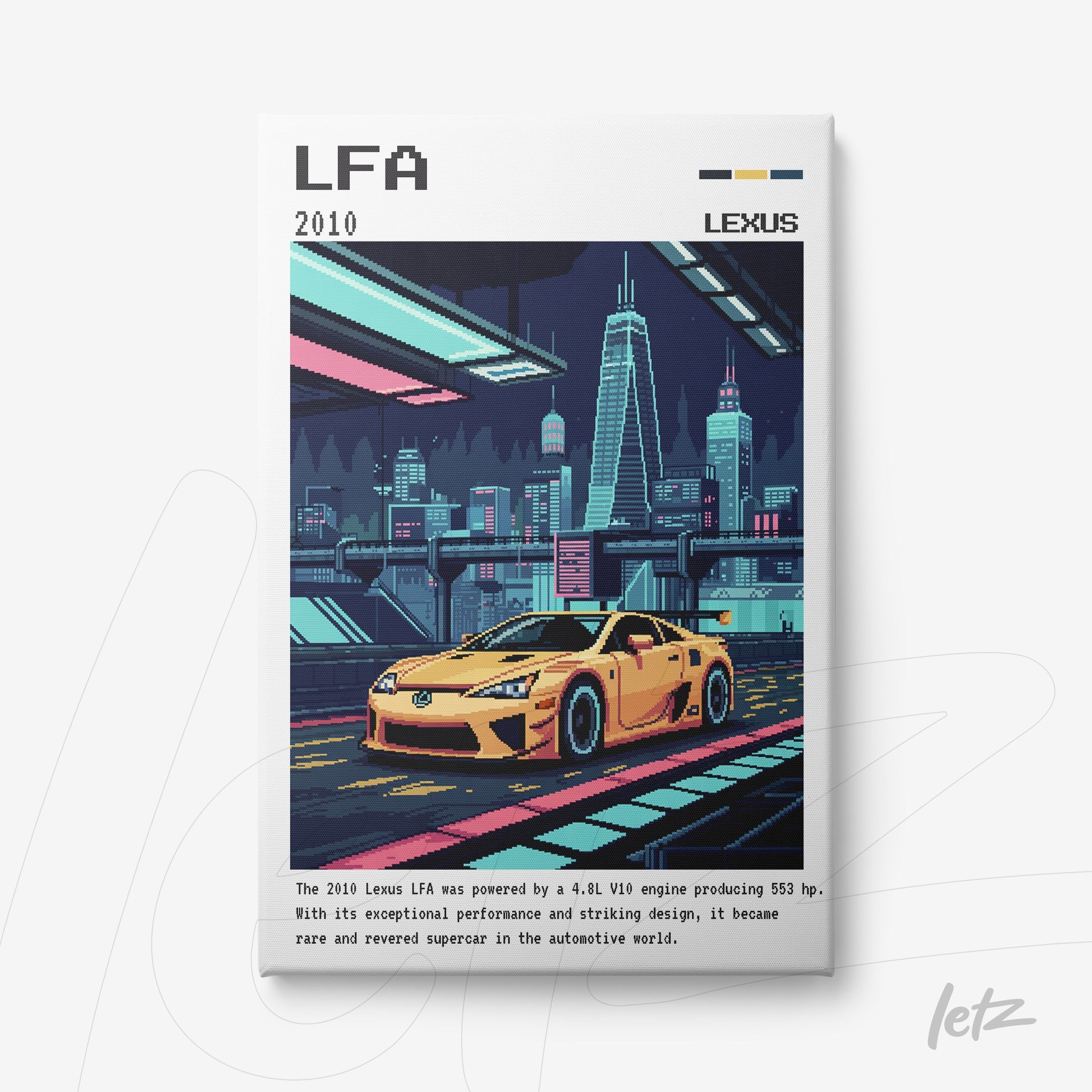 digital artwork of a yellow Lexus LFA sports car in a futuristic urban landscape