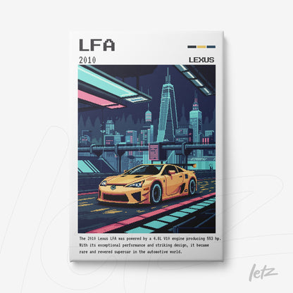 digital artwork of a yellow Lexus LFA sports car in a futuristic urban landscape