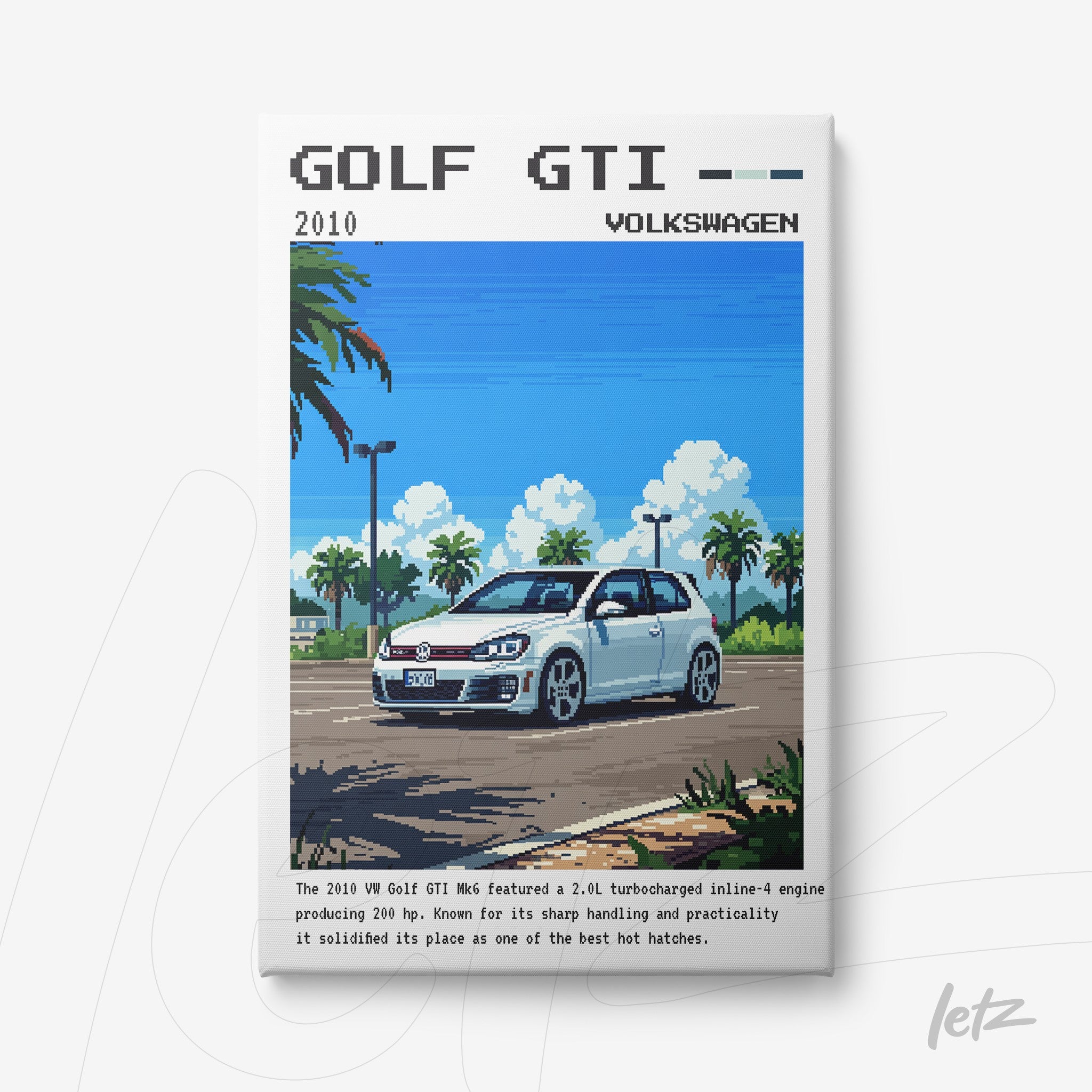 pixel art print of the 2010 Volkswagen Golf GTI featuring an urban landscape background