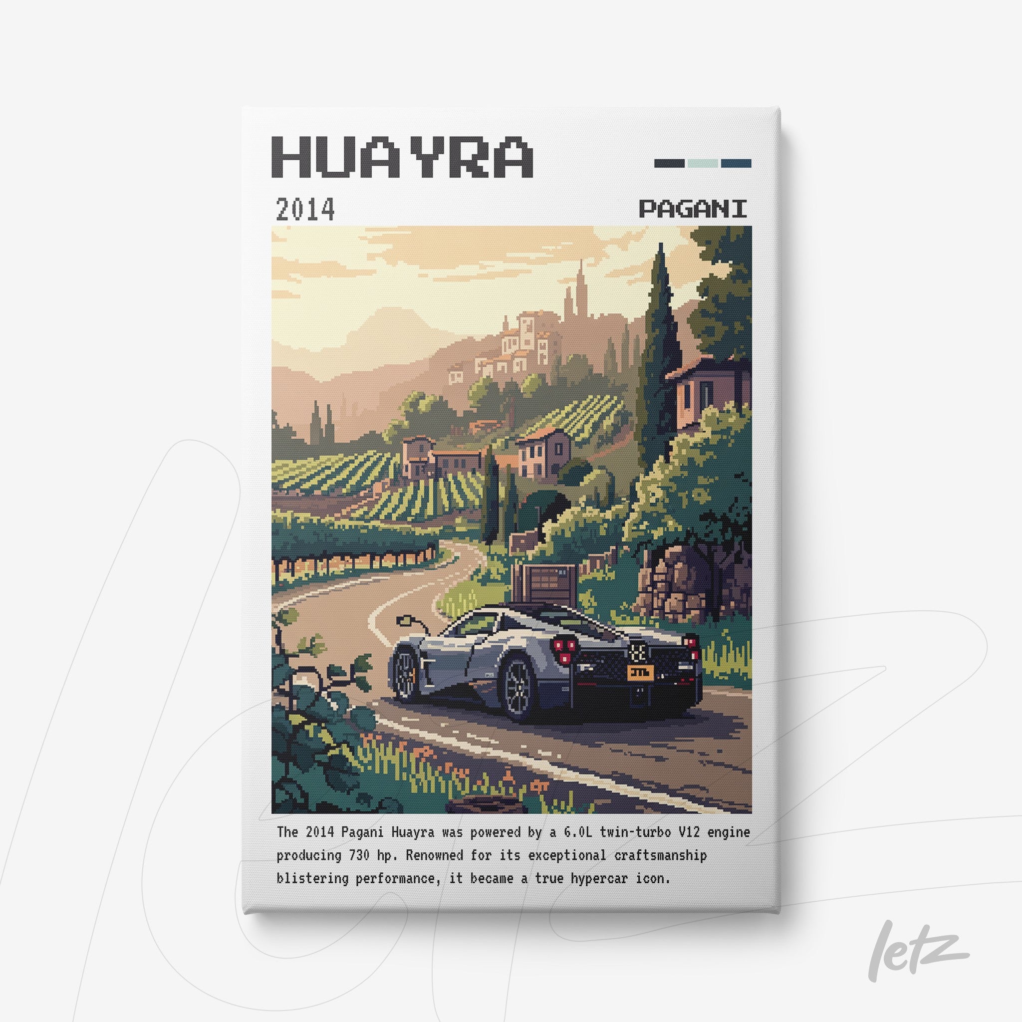 pixel art print of Pagani Huayra sports car in vineyard landscape