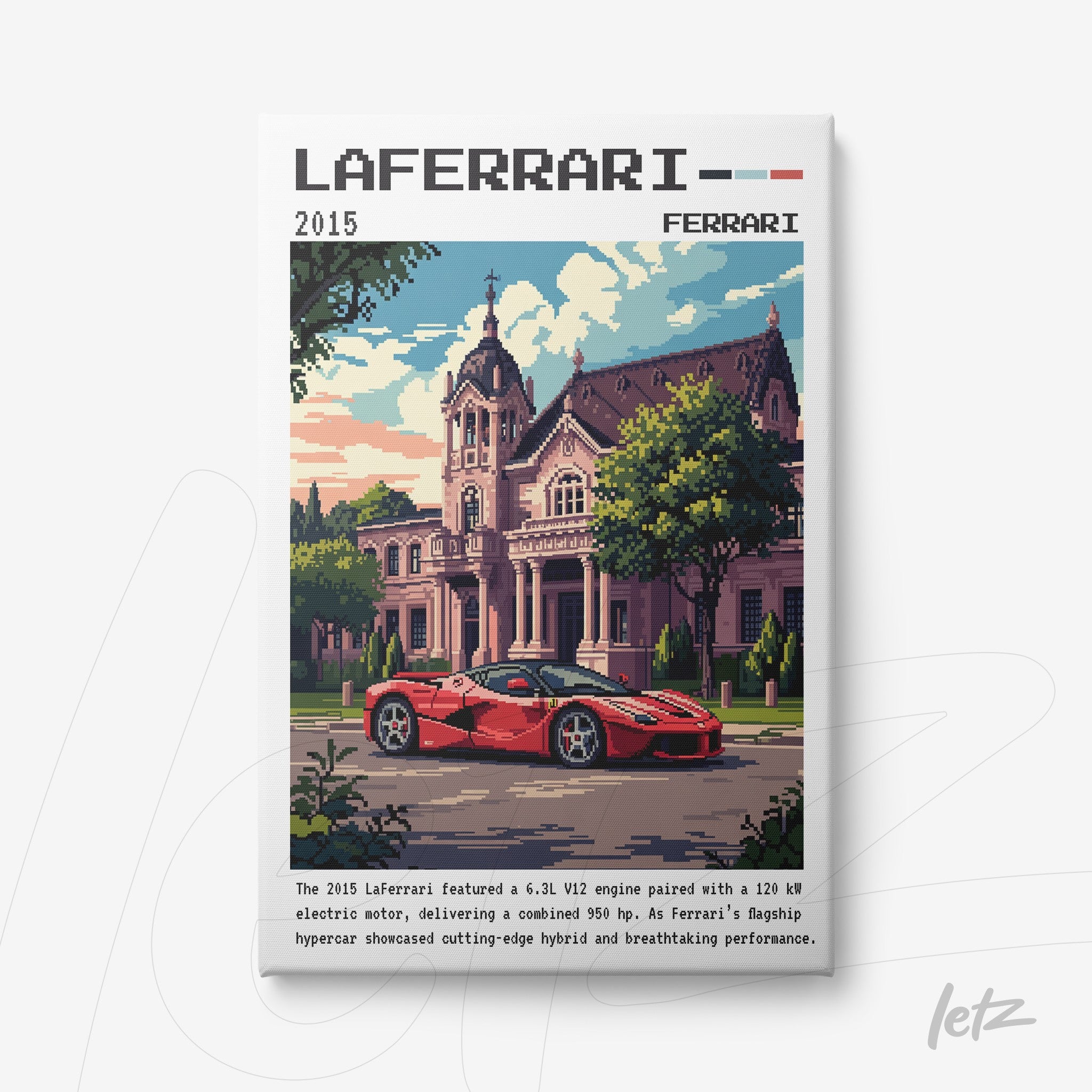 pixel art print of a LaFerrari sports car in front of a neoclassical building