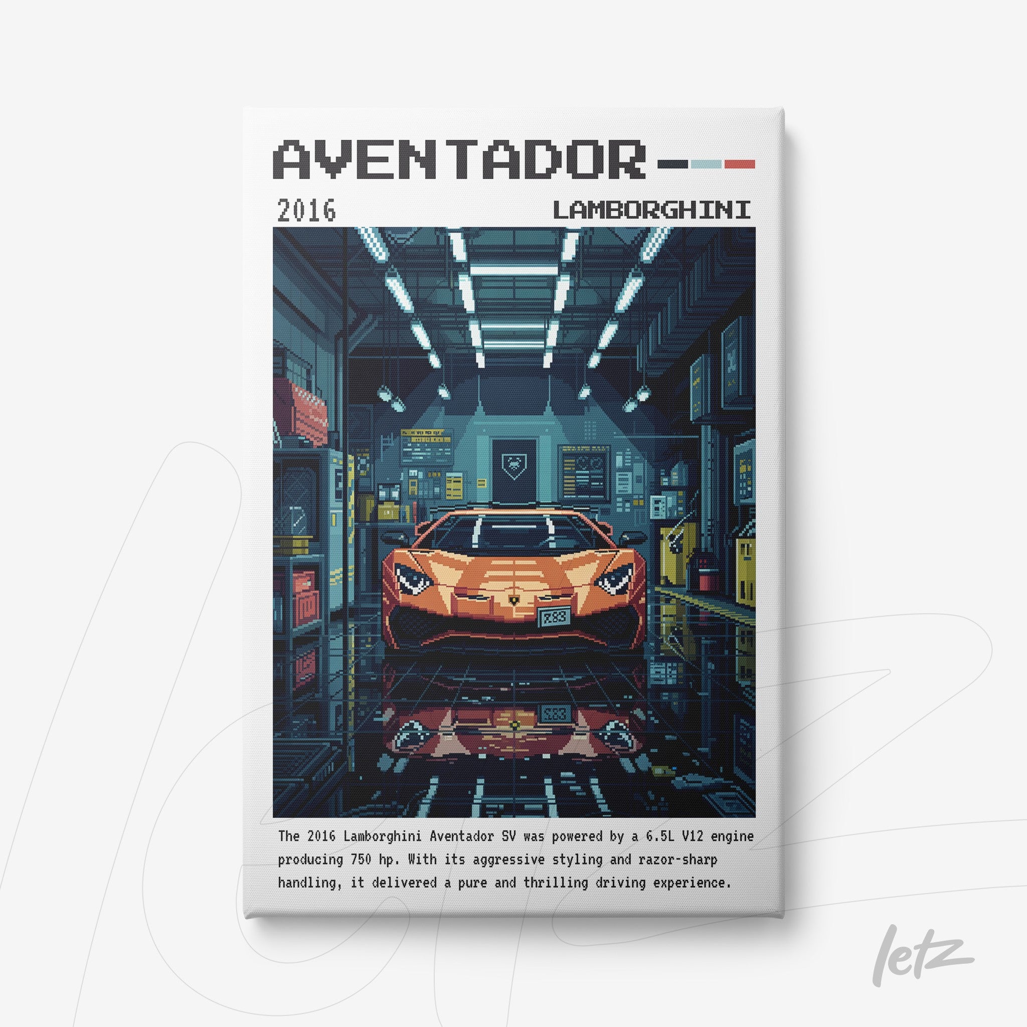 pixel art canvas print of a Lamborghini Aventador in a garage with dark background and technical details highlighted