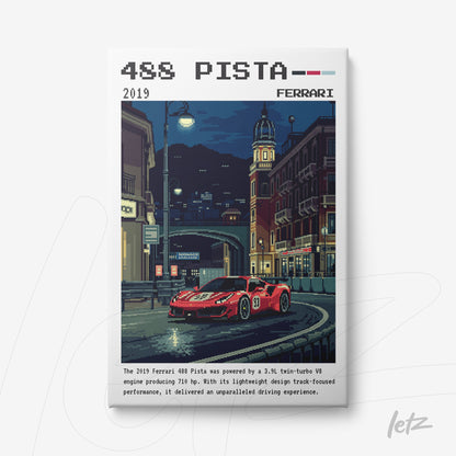pixel art print of a red Ferrari 488 Pista parked on a city street at night