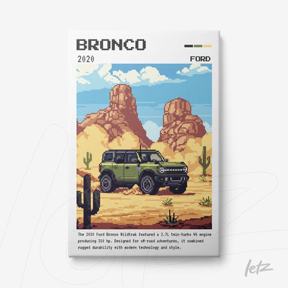 canvas print featuring pixel art of a Ford Bronco with mountains and cacti in the background