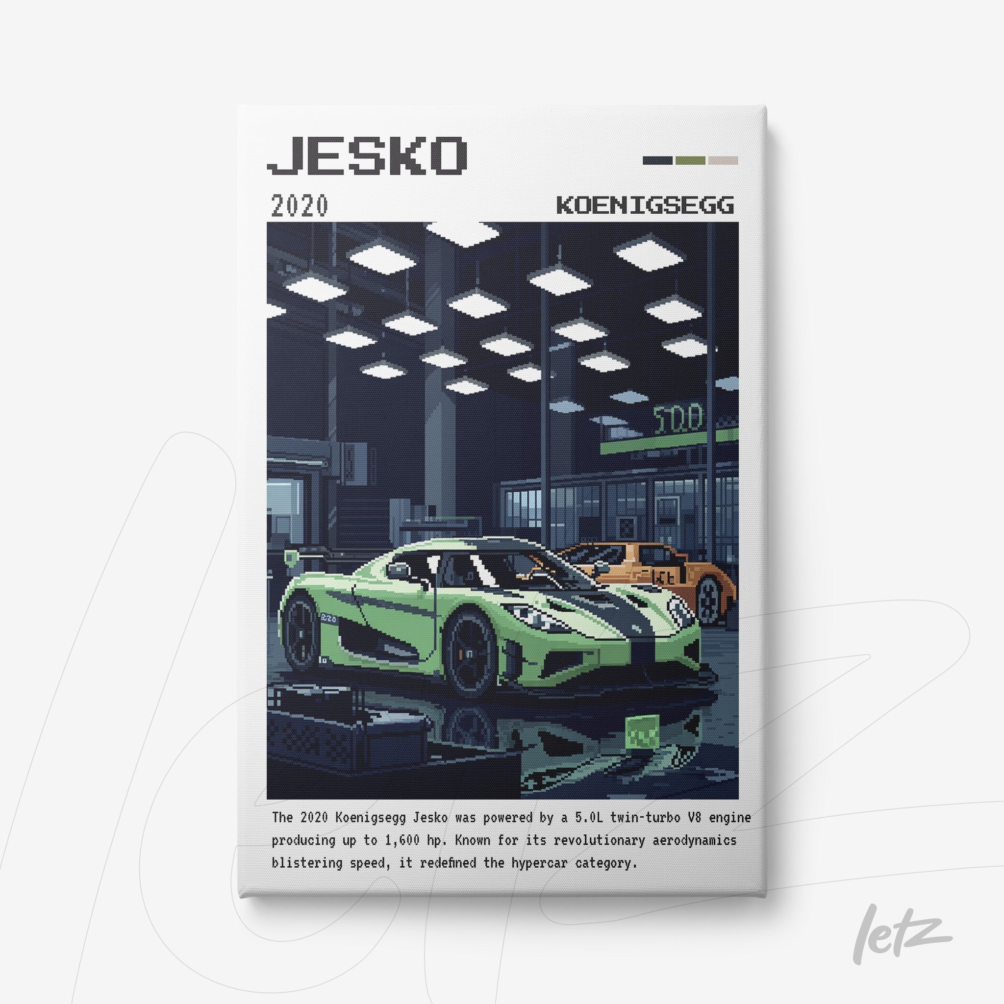 pixel art wall art featuring Koenigsegg Jesko sports cars in a modern showroom setting