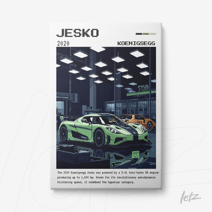 pixel art wall art featuring Koenigsegg Jesko sports cars in a modern showroom setting