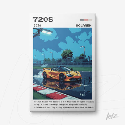 framed art featuring the McLaren 720S car against a nighttime racing backdrop with reflections on the wet track