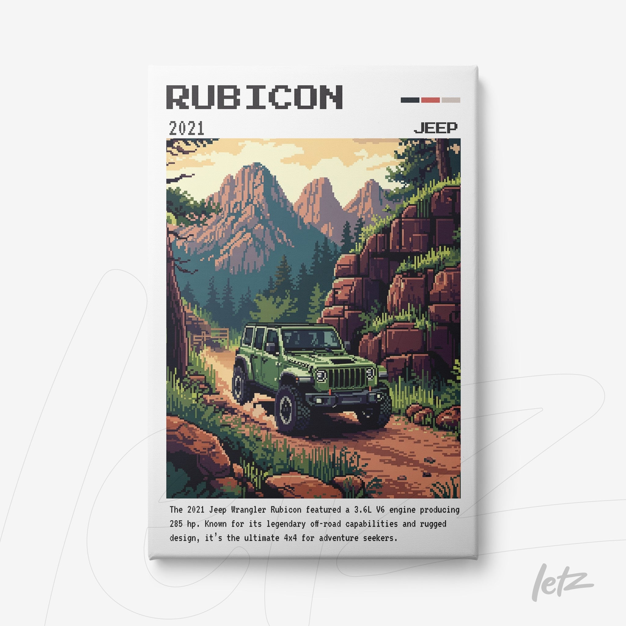 pixel art framed illustration depicting a 2021 Jeep Rubicon on a mountainous trail