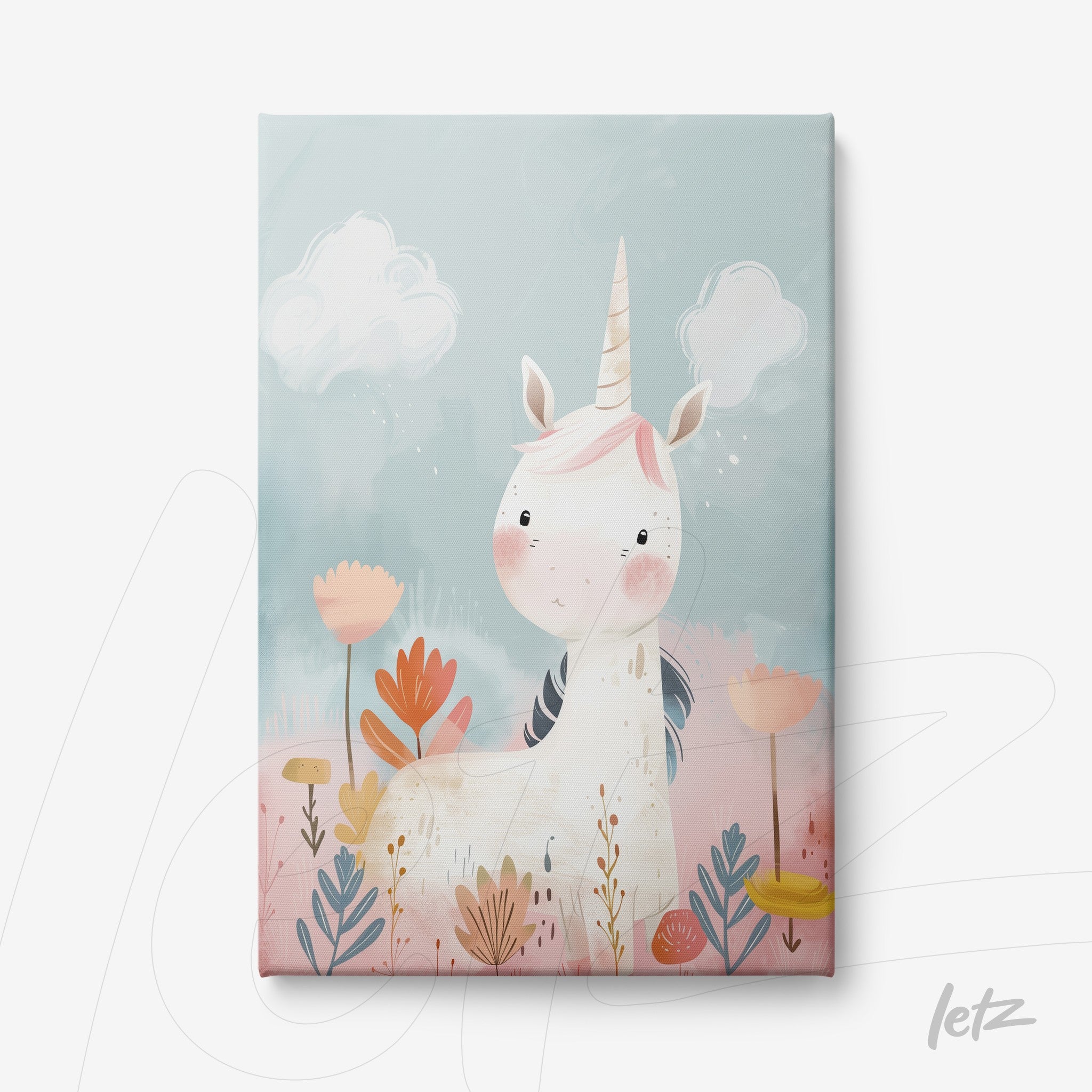 canvas print featuring a cute unicorn illustration surrounded by colorful flowers