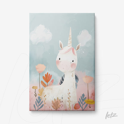 canvas print featuring a cute unicorn illustration surrounded by colorful flowers