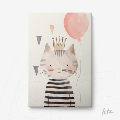 canvas print featuring an illustration of a cat wearing black and white stripes, adorned with a crown, holding a pink balloon