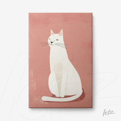 canvas print featuring a minimalist illustration of a white cat on a light pink background