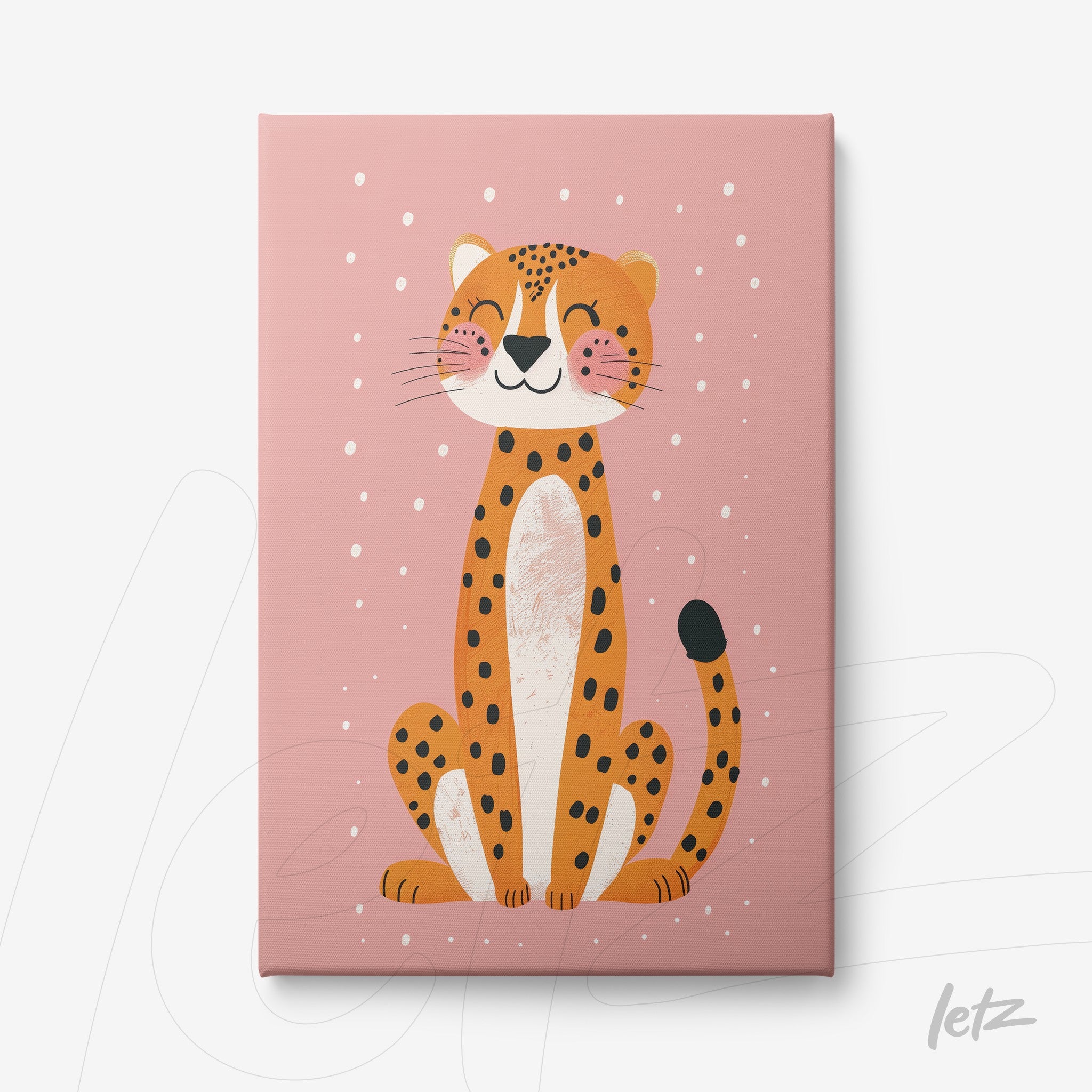 canvas print featuring a colorful illustration of a smiling leopard on a pink background with white polka dots
