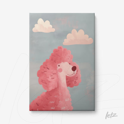 canvas print featuring a pink poodle illustration against a blue background with soft clouds