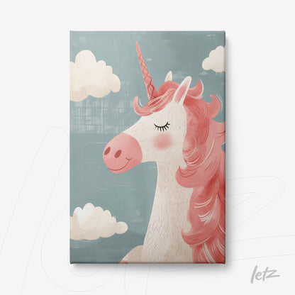 canvas print of a unicorn with pink mane against a blue background featuring white clouds