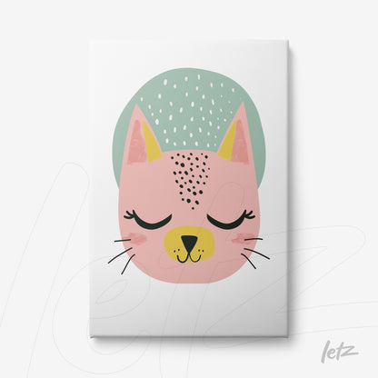 canvas print featuring a pink cat illustration with a blue hat and closed eyes