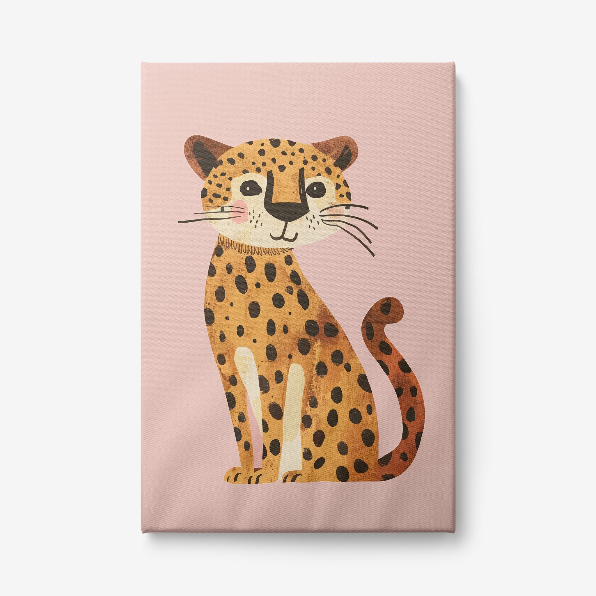 canvas print featuring a smiling leopard illustration against a pink background