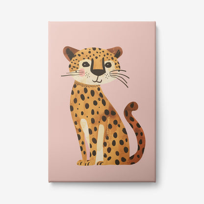 canvas print featuring a smiling leopard illustration against a pink background