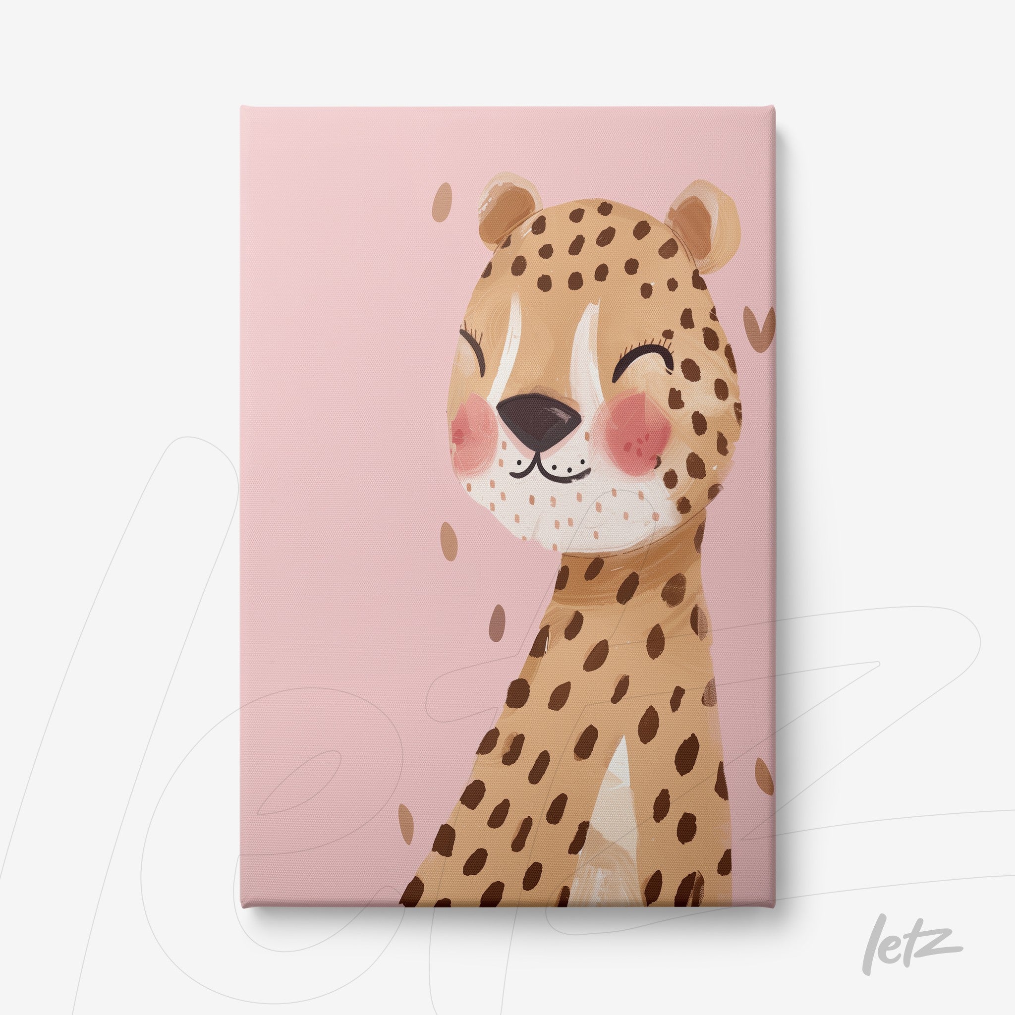 canvas print featuring a cheerful jaguar illustration on a pink background