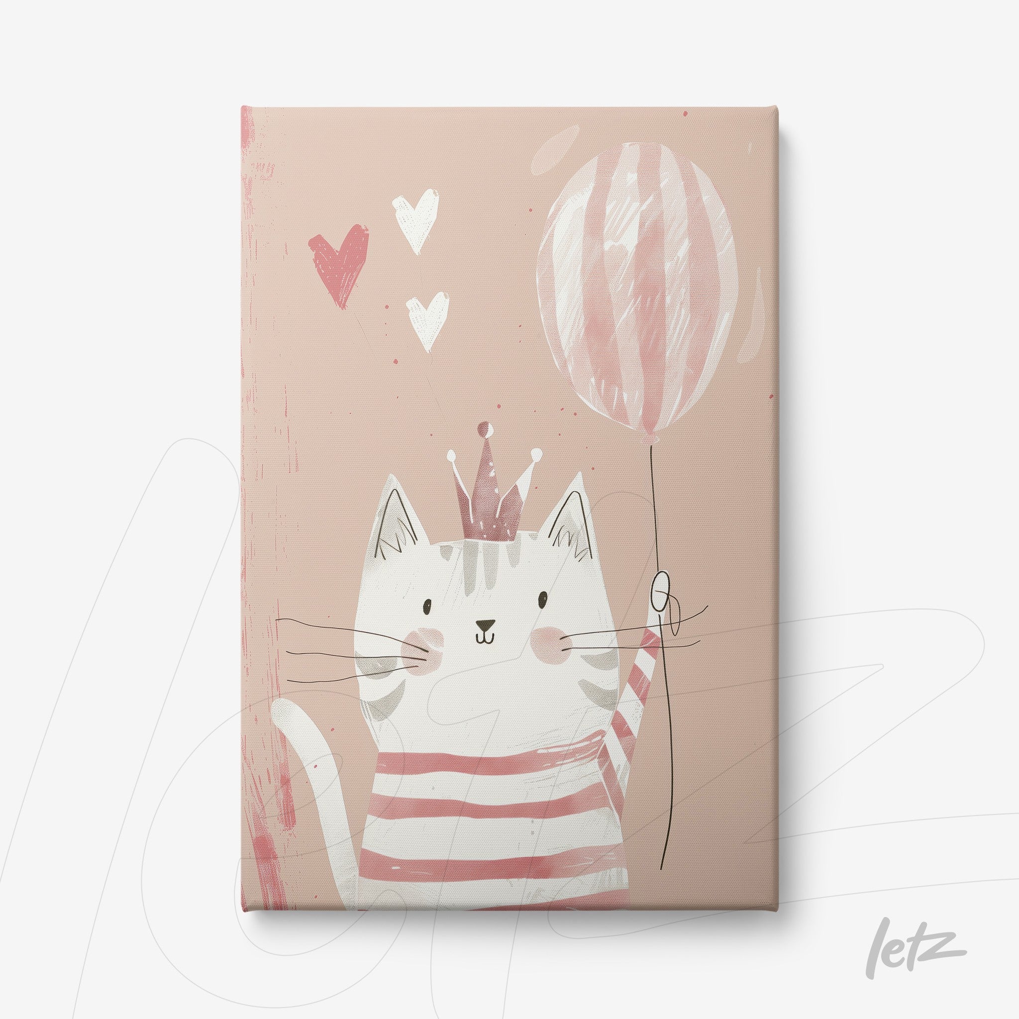 canvas print featuring a cute cat illustration wearing a crown and holding a pink balloon against a soft background