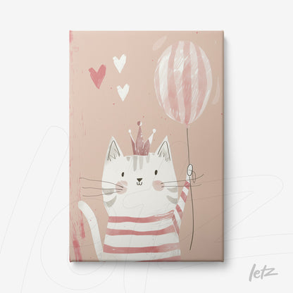 canvas print featuring a cute cat illustration wearing a crown and holding a pink balloon against a soft background