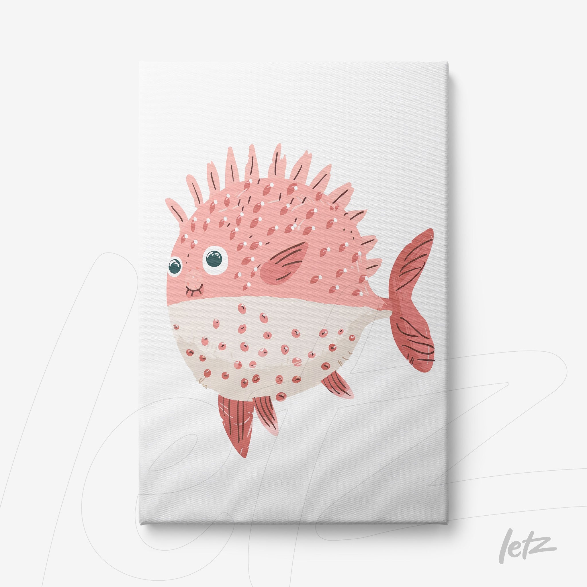 canvas print featuring a cute pink pufferfish with spikes and large eyes