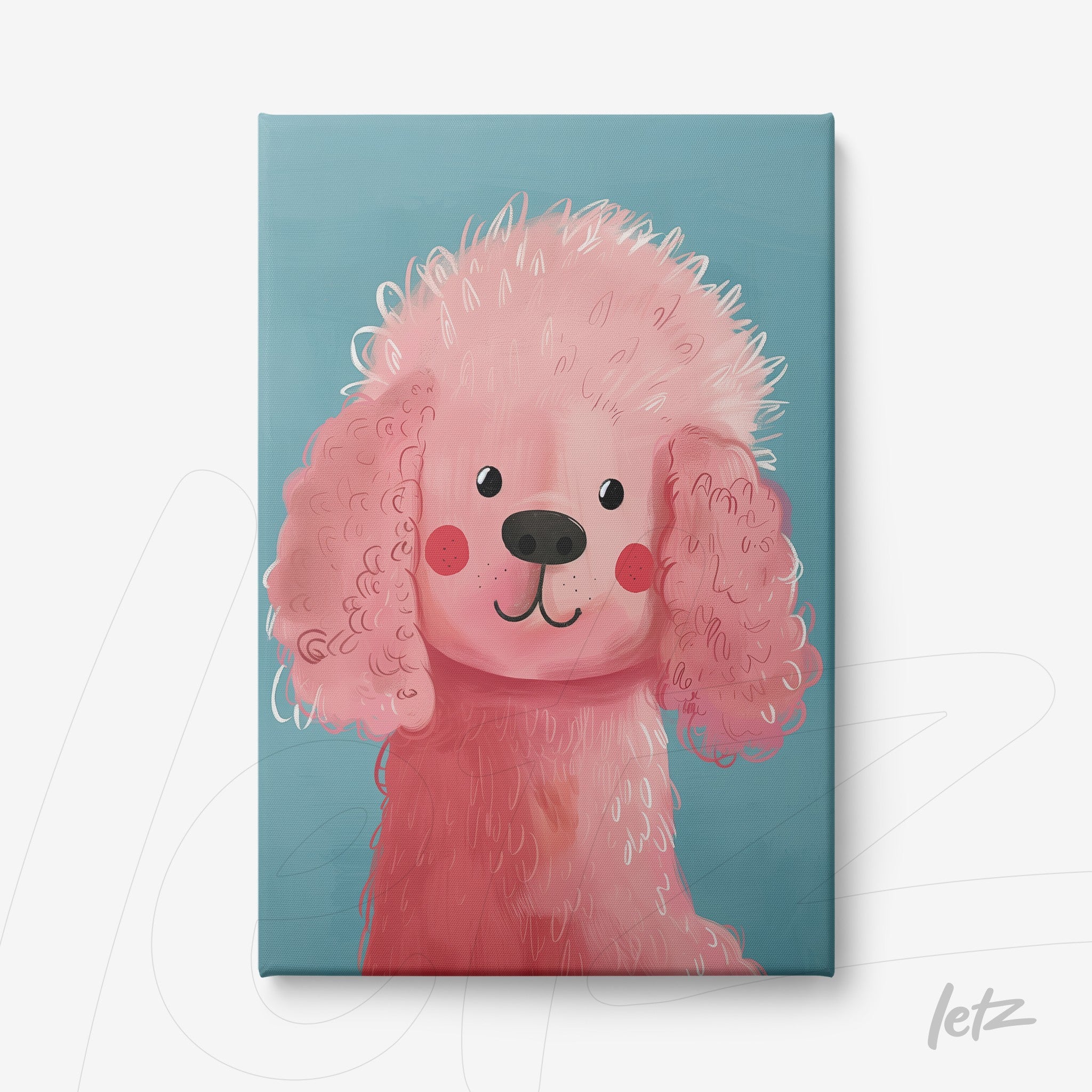 framed wall art of a stylized pink dog with a blue background