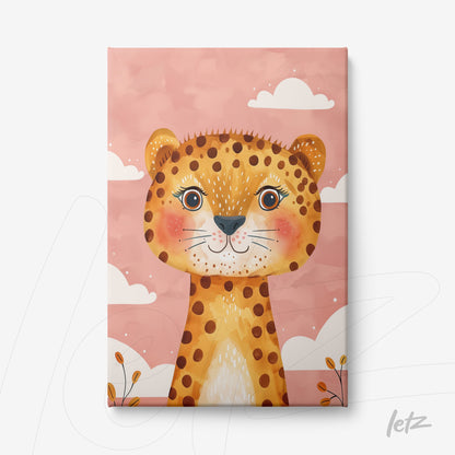 adorable leopard artwork on pink background with white clouds