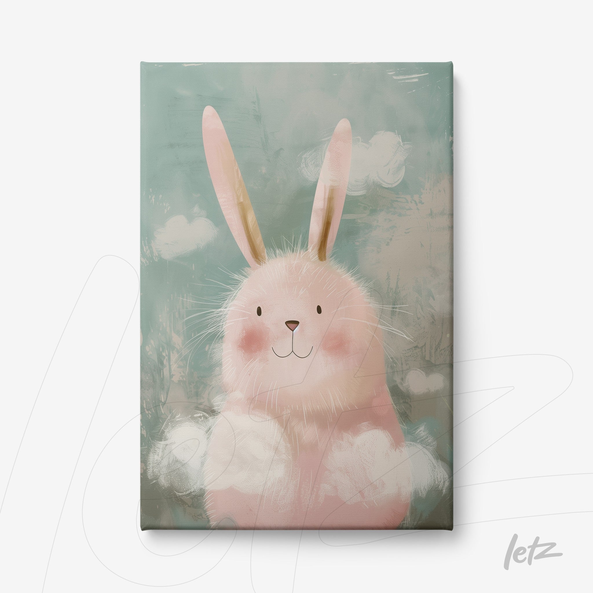 canvas print featuring a cute pink bunny illustration against a light blue background with white clouds