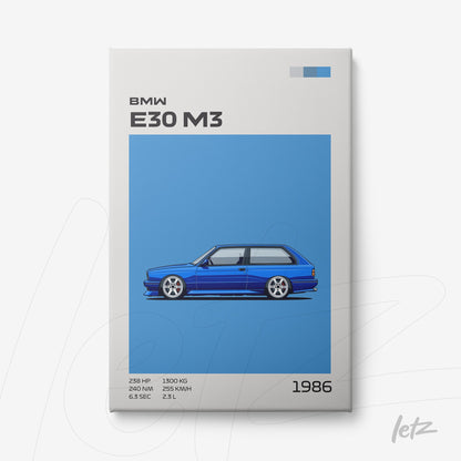 framed digital art of the BMW E30 M3 in vibrant blue background