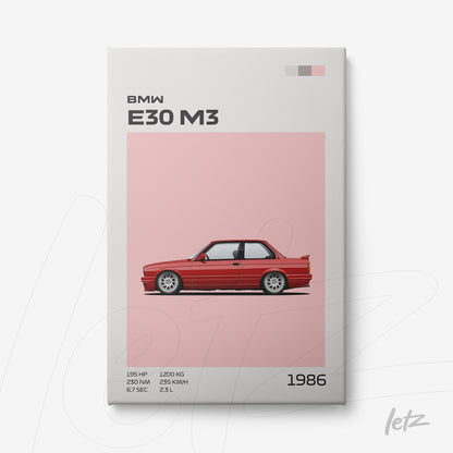 framed art featuring minimalist illustration of BMW E30 M3 on light pink background