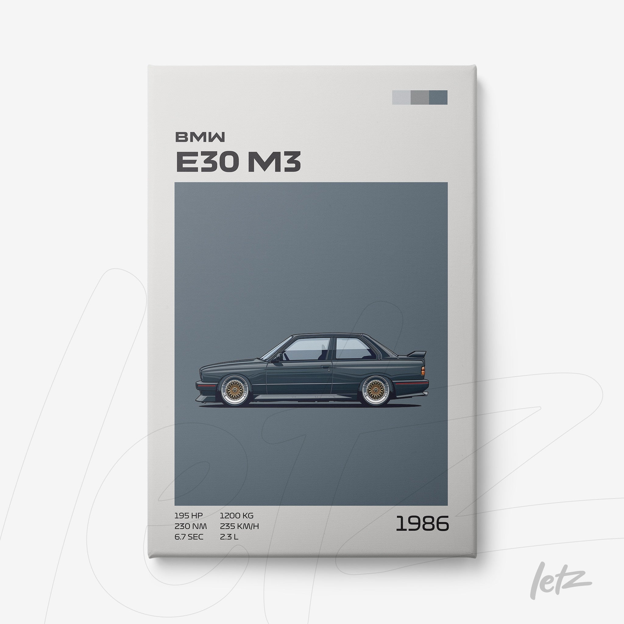 framed art featuring an illustration of the BMW E30 M3 on a blue background, highlighting details of the 1986 model