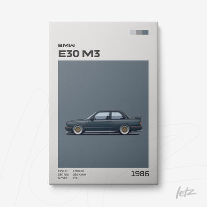 framed art featuring an illustration of the BMW E30 M3 on a blue background, highlighting details of the 1986 model