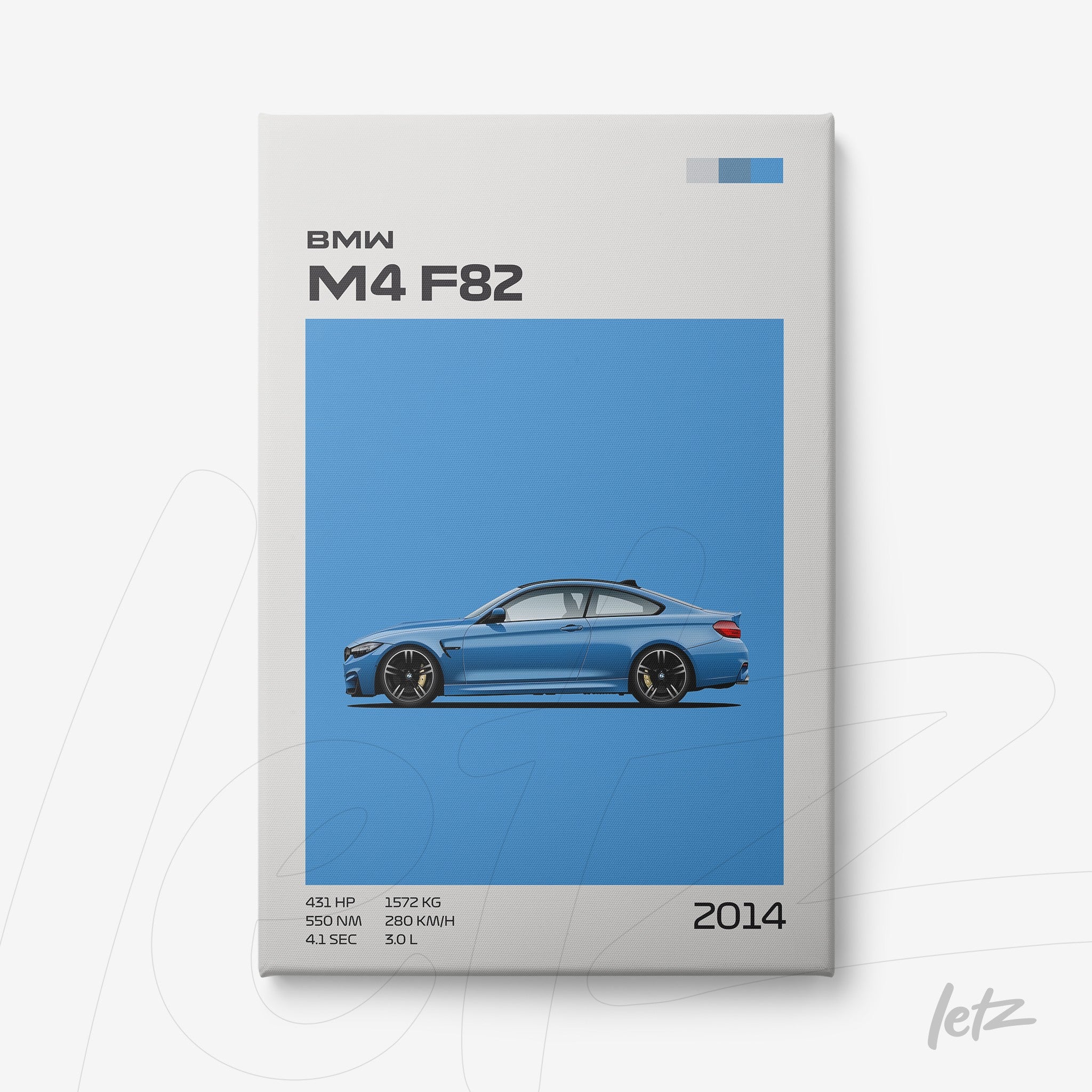 framed wall art featuring a modern design of BMW M4 F82 on a vibrant blue background