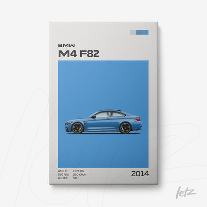 framed wall art featuring a modern design of BMW M4 F82 on a vibrant blue background