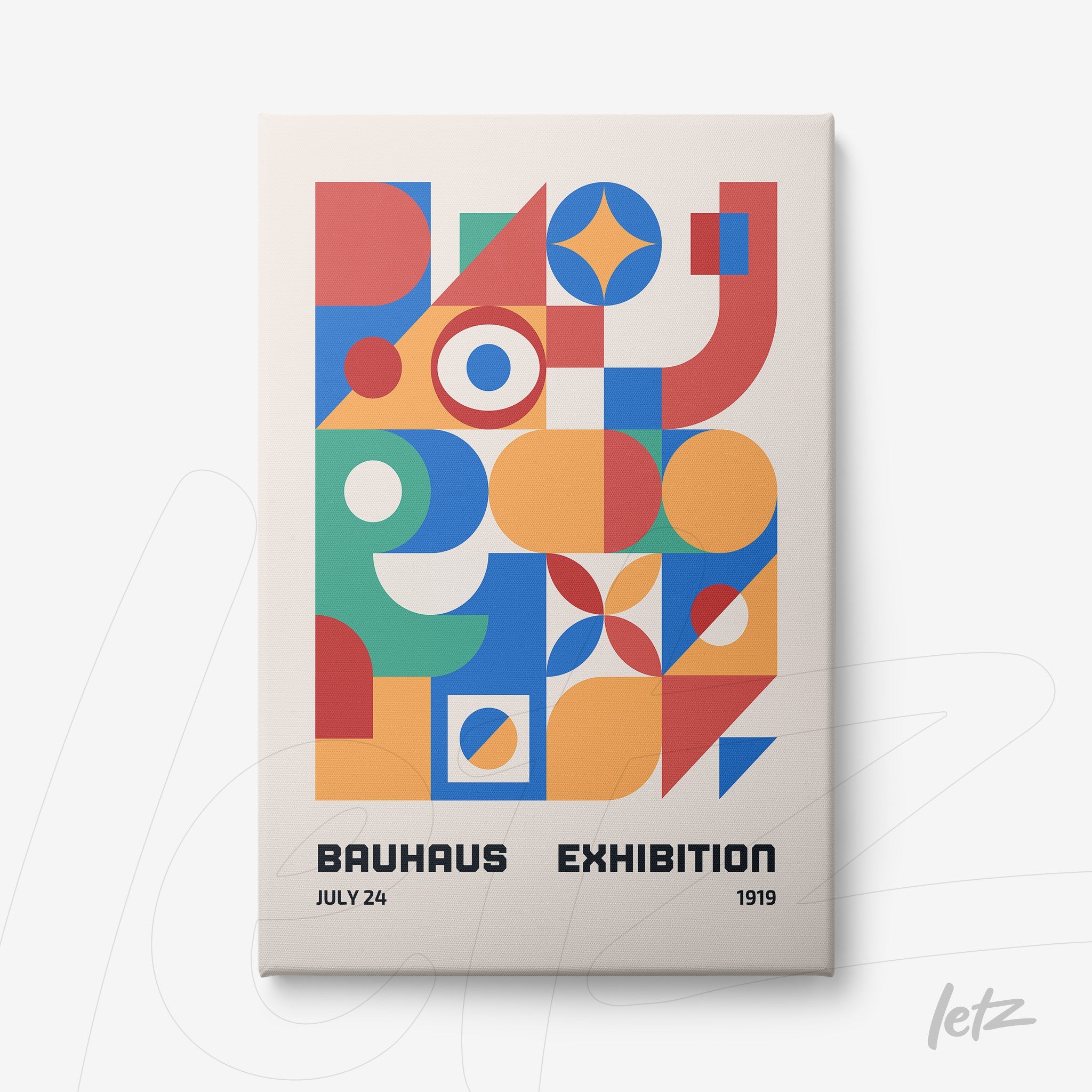 canvas print featuring colorful geometric bauhaus style art displayed on a white background