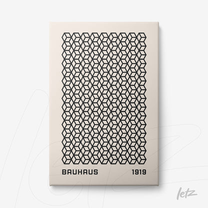 poster print featuring a geometric bauhaus style pattern with a black grid-like texture on a beige background