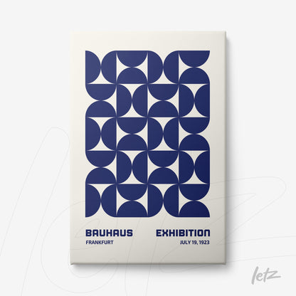 poster print with blue geometric pattern and text bauhaus exhibition frankfurt july 1923 on white background